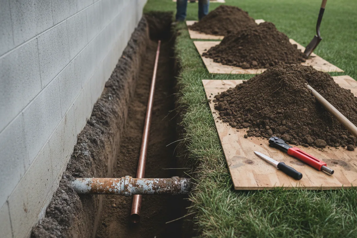 Excavated water line trench during Water Softener Installation in Fort Belvoir